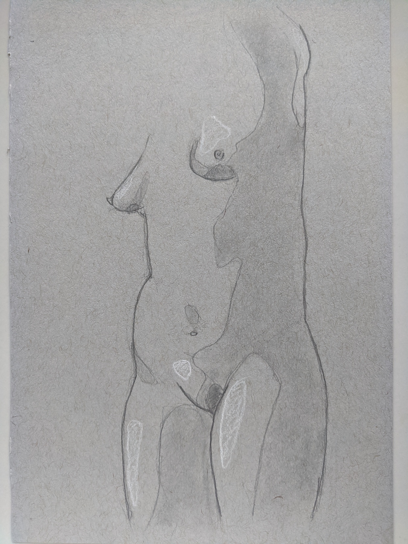A woman's mid section, standing. No arms, no head, just the tops of the legs. Shadows and highlights drawn in blocks.